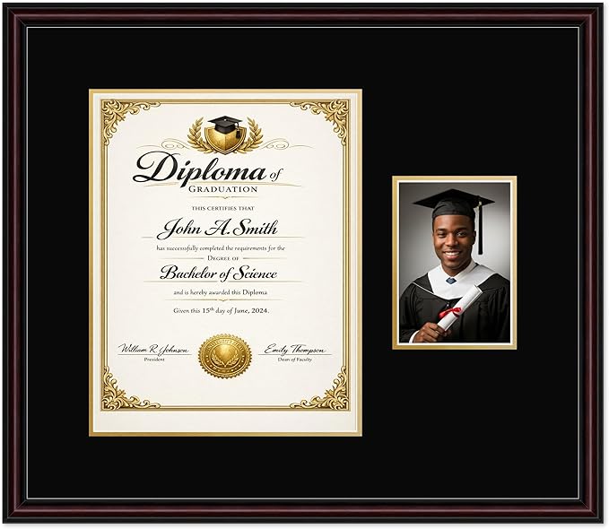 CountryArtHouse Fits 11 x 14 College Diploma (Portrait) and 5 x 7 Photo Diploma and Photo Frame Executive Brown Genuine Hardwood with Black Over Metallic Gold Double mat