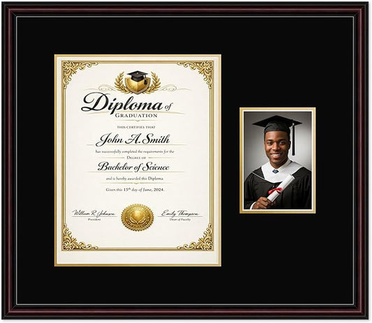 CountryArtHouse Fits 11 x 14 College Diploma (Portrait) and 5 x 7 Photo Diploma and Photo Frame Executive Brown Genuine Hardwood with Black Over Metallic Gold Double mat