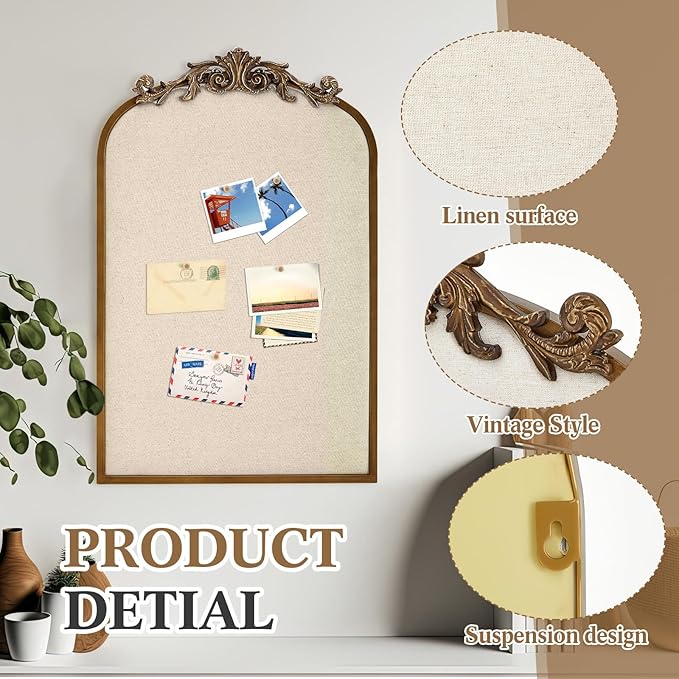 Vintage Framed Pin Board Linen Display Bulletin Board Large Cork Fabric Picture Photo Pinboard Memo Ornate Decorative Pinboard Ornate for Wall Gift(Arch,19" X 31",Retro Golden)