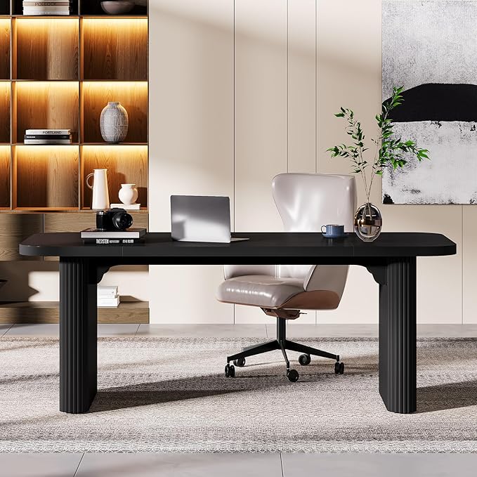 Tribesigns 62-Inch Modern Executive Desk, Wood Office Desk, Large Aesthetic Computer Desk with Double Pedestal, Workstation for Home Office (Black)