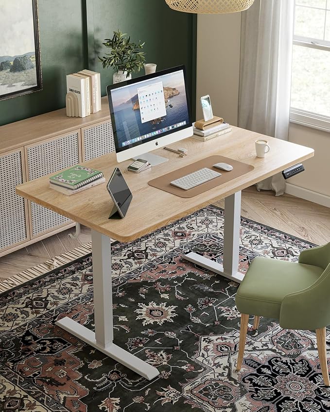 CubiCubi 48 x 24 Large One-Piece Standing Desk, Adjustable Height Electric Computer Home Office Sit Stand up Workstation, with 4 Memory Presets, Headphone Hook, Maple