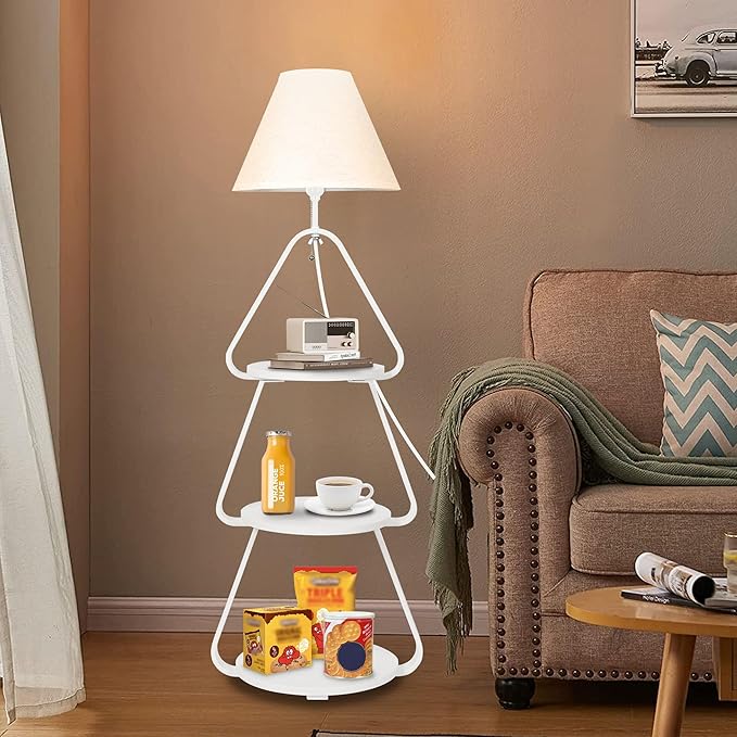 Floor Lamp with Small Round Side Table, 3-Tier Circular End Table with Storage Shelf, Round Corner Coffee Desk Nightstand for Living Room Bedroom Small Spaces, White