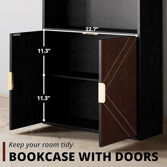 IRONCK Book Shelf and Bookcase with Leather Doors, 70" Tall Bookshelf, 6 Tier Display Case Floor Standing for Home Office, Living Room, Black
