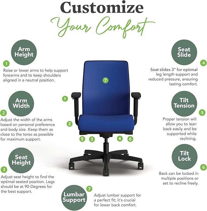 HON Ignition 2.0 Low Back Task Chair, Spectrum Mesh, Advanced Synchro-Tilt Control, Office Chair with Lumbar Support, Height and Width Adjustable Arms, Black Frame, Cobalt