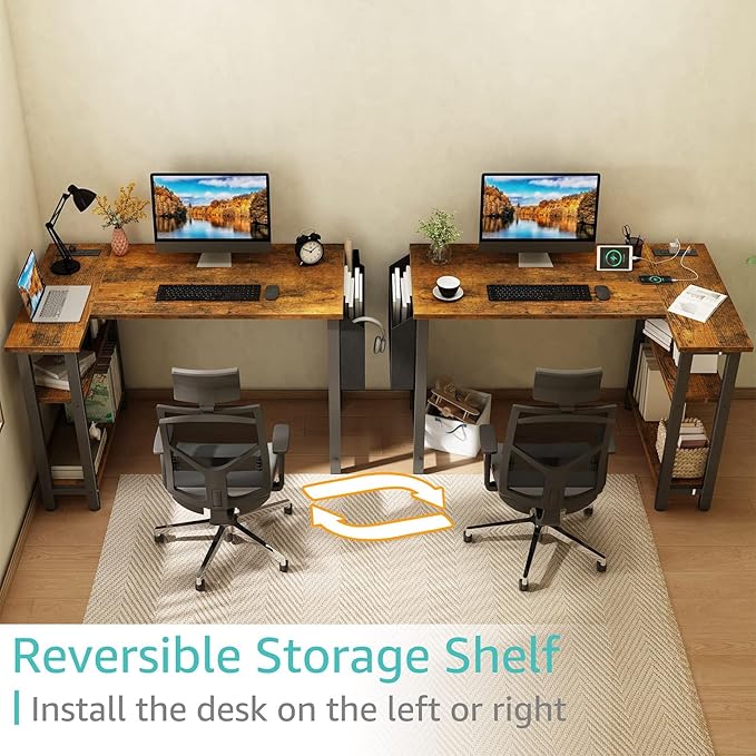 Lufeiya Small L Shaped Desk with Power Outlet Shelves, 40 Inch Reversible Corner Desk for Small Space Home Office, L-Shaped Computer Desk PC Desks with Charging Station, Rustic Brown