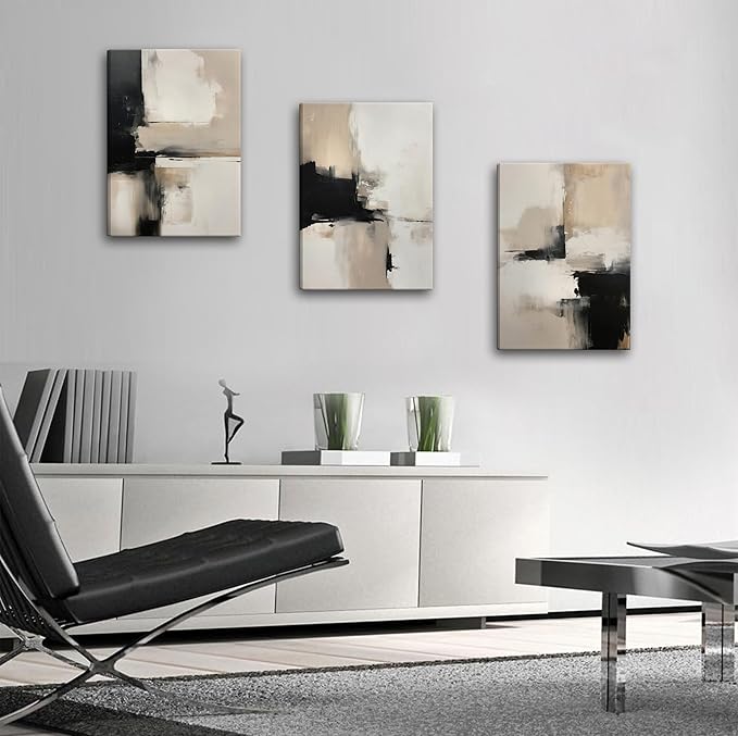 3Pcs Framed Beige Abstract Wall Art Large Modern Minimalist Posters Prints Black Brown Neutral Artist Pictures Painting for Living Room Bedroom Bathroom Office Decorations