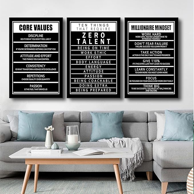 3 Pieces Inspirational Quotes Motivational Canvas Wall Art Picture Painting Ten Things That Require Zero Talent and Core Values Poster Print for Living Room Office Artwork Ready to Hang [72''Wx36''H]