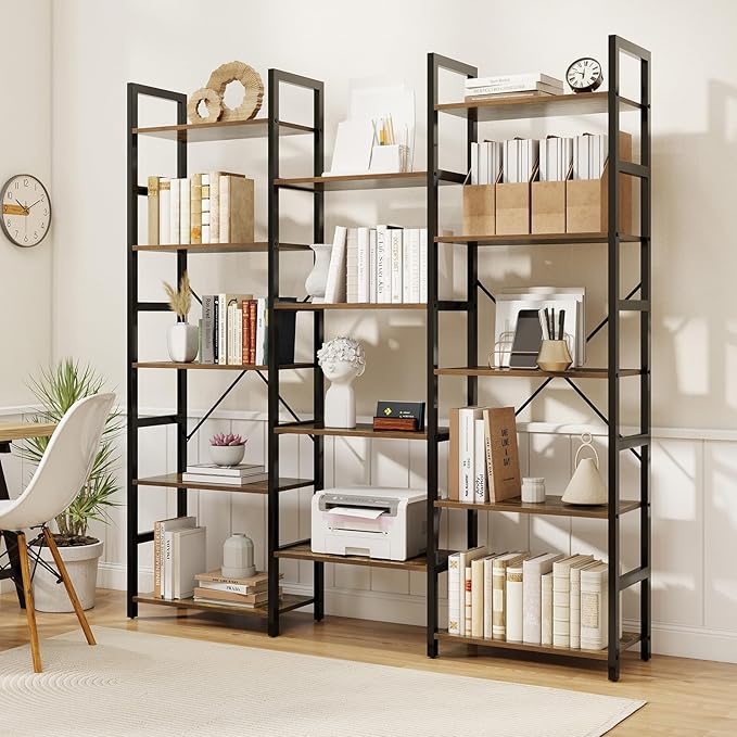 Giantex 5-Tier Industrial Bookshelf, Triple Wide Heavy-Duty Metal Frame Bookcases w/ 14 Open Shelves, Large Floor Standing Display Shelf Rack w/Anti-tip Kits, Storage Shelf for Living Room Study
