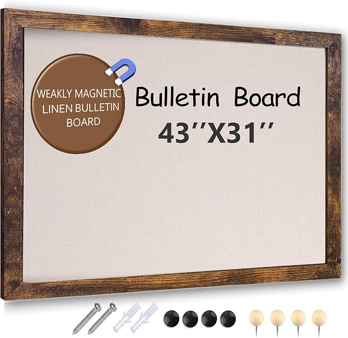 Large Magnetic Bulletin Board 43 x 31 Inch for Wall,Rustic Framed Cork Board with Linen for Home Office School,with 4 Push pins, 4 Magnets