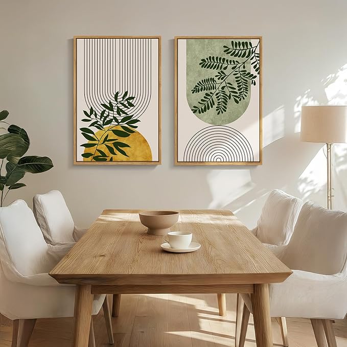 Framed Green Boho Wall Art Set of 2 for Living Room, Large Abstract Bohemian Geometric Botanical Artwork for Walls, Mid Century Modern Canvas Painting Print Wall Decor for Bedroom Office, 20x30 Inch