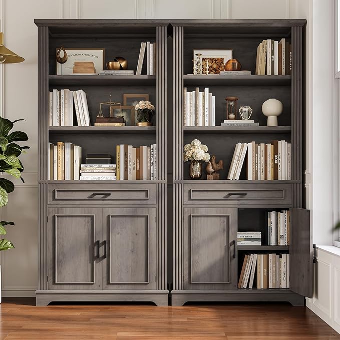 SEDETA Farmhouse Bookshelves and Bookcases with Doors and Drawer, Bookshelf with Storage, Floor Standing 6 Shelf Display Storage Shelves 70 in Tall Bookshelf for Home Office, Living Room, Grey