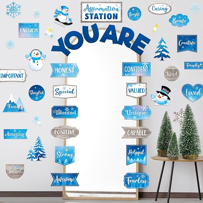 45pcs Winter Affirmation Station Bulletin Board Set Motivational Posters Classroom Mirror Growth Mindset Decor Positive Affirmations Accents Cutouts for School Office Home Teacher Wall Supply