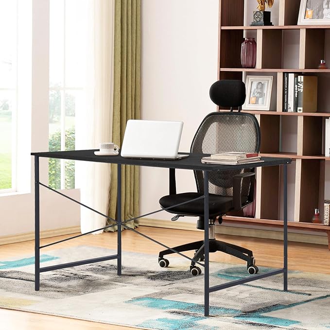 FurnitureR Home Office Desk 47.2-Inch, Simple Computer Desk with Sturdy Metal Legs, Multi-Purpose Writing Table for Students, Work, or Study, Black
