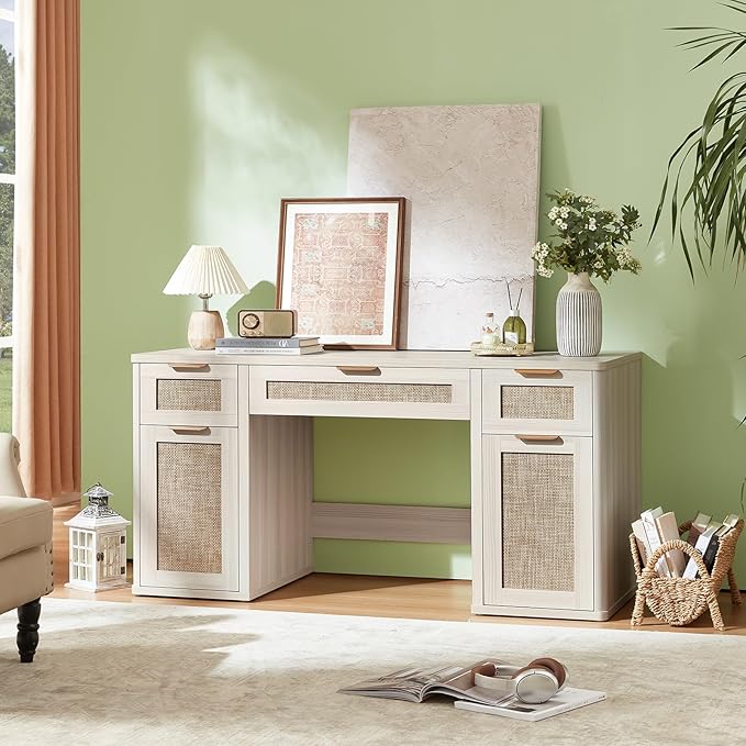 LEYAOYAO Office Desk 56" with 5 Drawers Storage File Cabinet Rattan Wood Desk for Computer Office Bedroom Home Furniture Light Gray