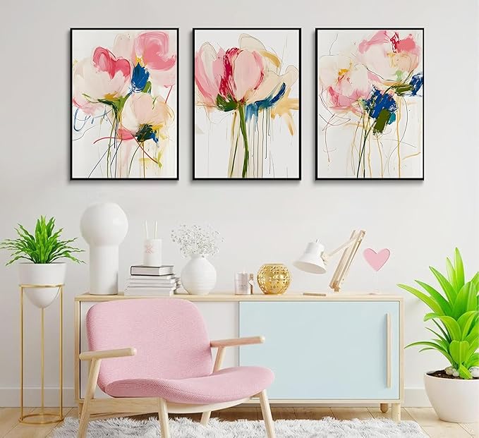 3PCS Colorful Abstract Line Floral Canvas Wall art Botanical Floral Line Posters Print Modern Minimalist Flower Pictures Wall Decoration for Girls' Room Bedroom Living room Unframed