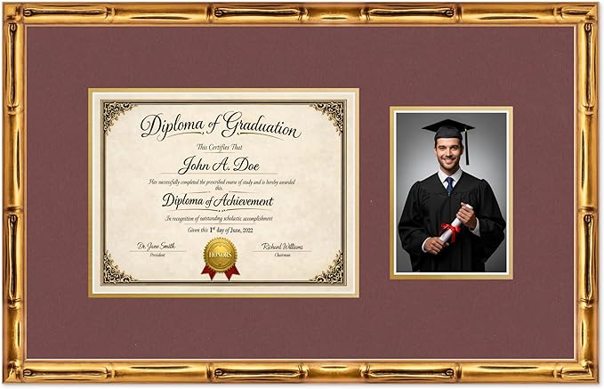 Diploma Frame With Photo Opening Gold Bamboo Dark Red Over Gold Mat - Fits 11 x 8.5 Degree and Picture Made in the USA