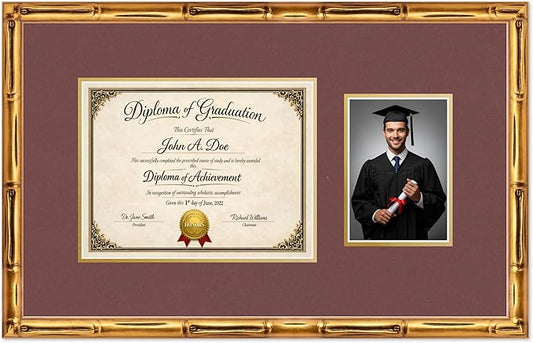 Diploma Frame With Photo Opening Gold Bamboo Dark Red Over Gold Mat - Fits 11 x 8.5 Degree and Picture Made in the USA