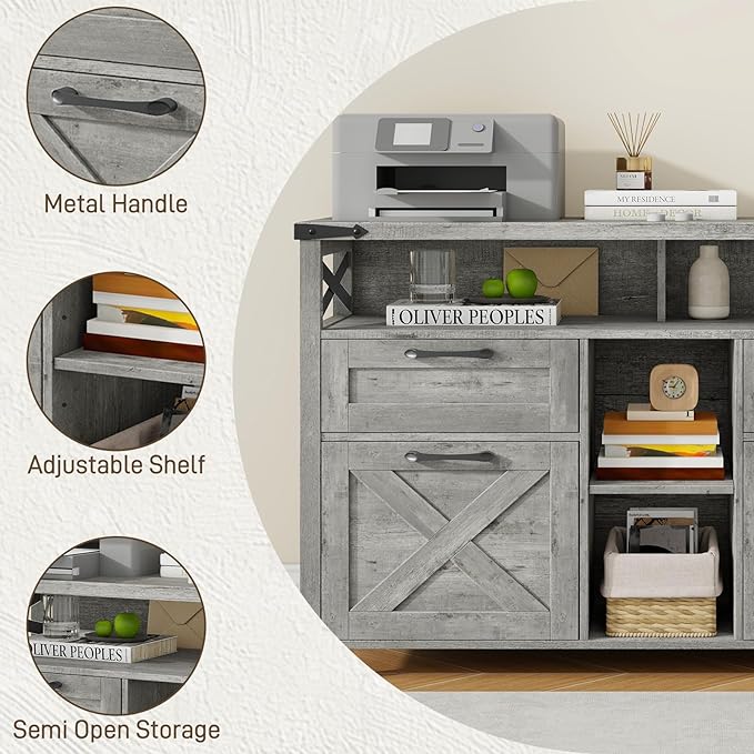 Vabches Farmhouse Filing Cabinet with Adjustable Shelf for Home Office, Lateral File Cabinets 4 Drawers with Open Storage Shelf, Filing Organization Storage Cabinets for Hanging Files Letter/A4.Grey