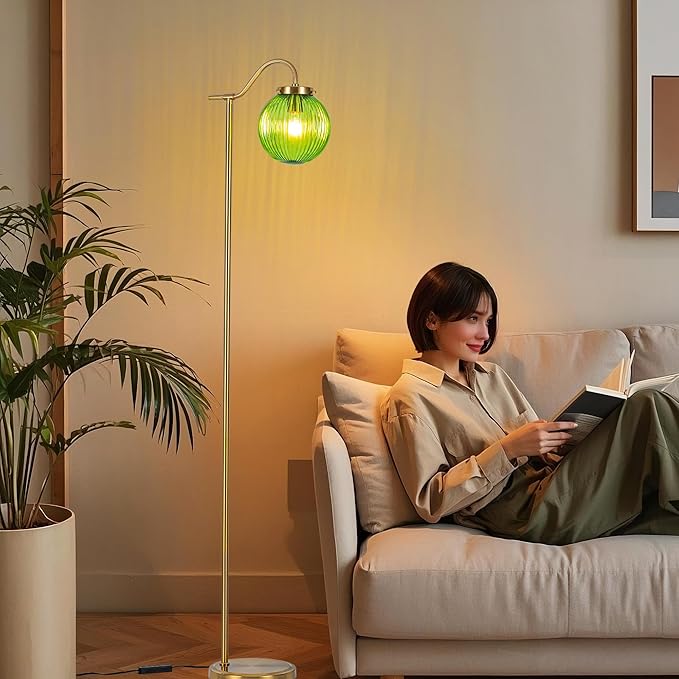 MAYNA Globe Floor Lamp, Emerald Green Round Glass Standing Lamp with Built-in Timer Switch, Gold Tall Vintage Lamps for Living Room Bedroom, 2700K LED Bulb Included