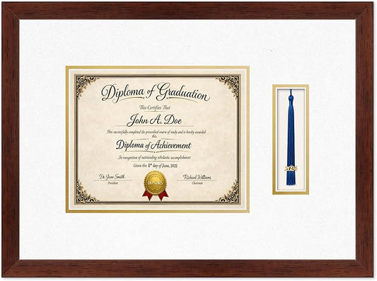 Diploma Frame with Tassel Holder Rustic Walnut Shadowbox Oyster Shell Over Gold Mat - Fits 10 x 8 Degree Made in the USA