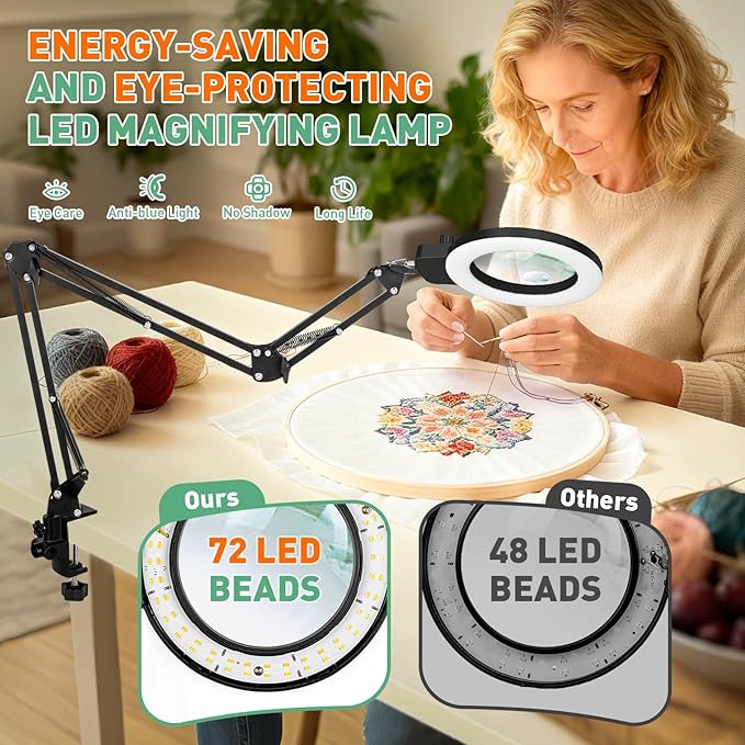 12X & 30X Magnifying Glass with Light, 3 Section Long Arm LED Desk Lamp with Large Clamp, 3 Color and Brightness Magnifier Light and Stand for Sewing, Craft(12X&30X 35in Circular Knob Clamp)
