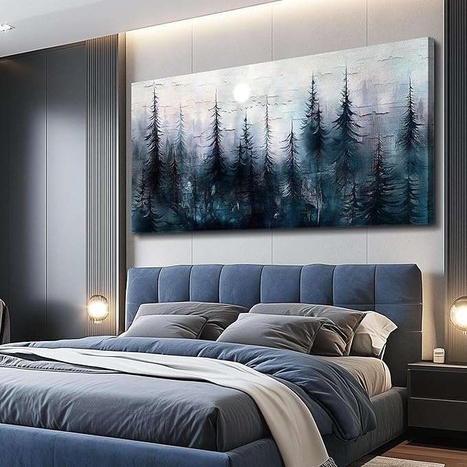 Large Wall Decor for Living Room Canvas Wall Art for Office Modern Wall Decorations for Bedroom Foggy Forest Landscape Paintings Black and White Pictures Artwork Room Home Decor 24"X48"