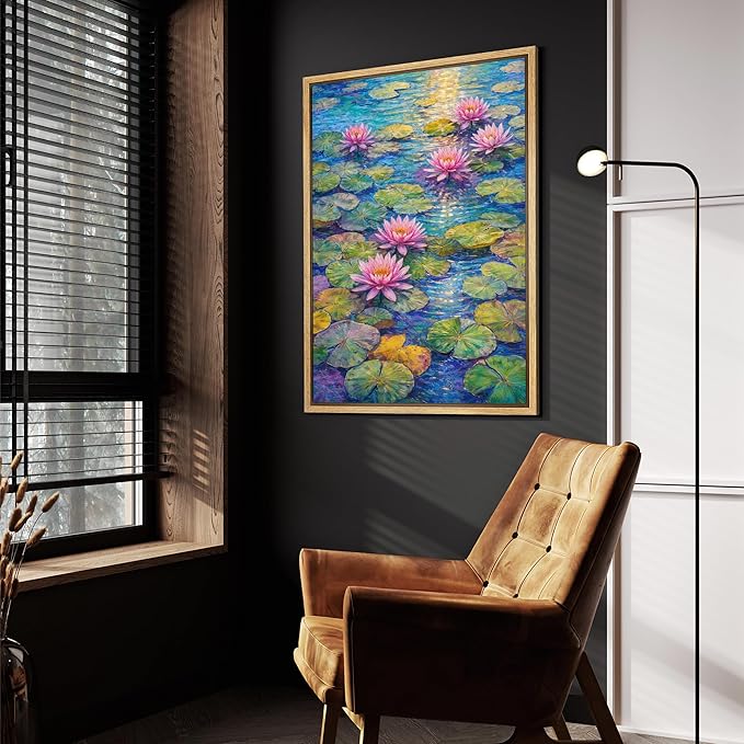 SIGNFORD Framed Canvas Print Wall Art Water Lilies in the Light Illustration Minimalism Decorative Colorful Mid-Century for Living Room, Bedroom, Office - 16"x24" NATURAL