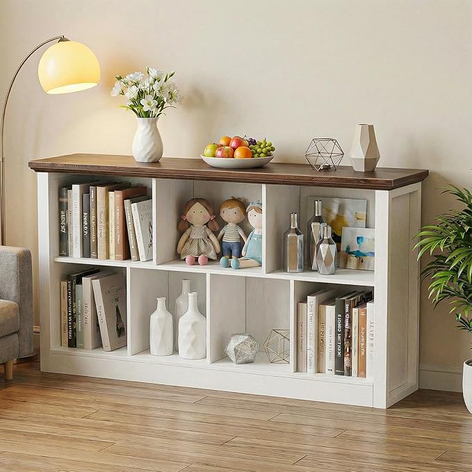 Unikito 7 Cube Storage Book Shelf - 50" Wide Wood Cube Storage Organizer, Wooden 2 Tiers Floor Standing Low Bookcase for Living Room, Bedroom, Home Office, Kids Room