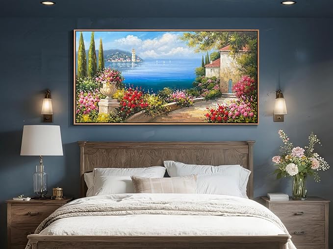 Arjun Large Wood Framed Landscape Wall Art Canvas Living Room Hand Painted, Mediterranean Seascape Painting Bedroom Flower Blue Ocean Picture Artwork Home Office Wall Decor, 48"x24"