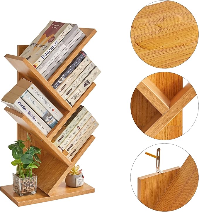 YMYNY 4 Tier Tree Bookshelf, Small Bookcase, Modern Wood Book Storage Rack, Freestanding Book Shelf for Books/Movies/CDs, Narrow Display Rack for Living Room, Home Office, Natural UHBC014N