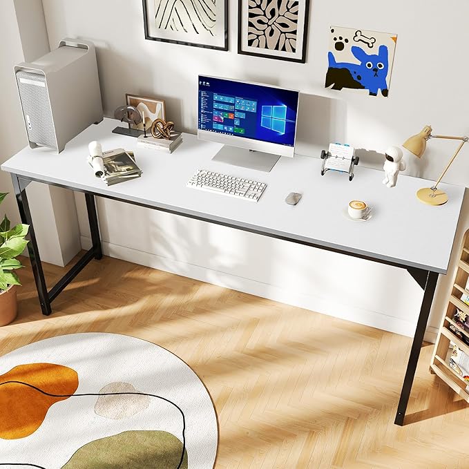 DUMOS 63 Inch Small Computer Desk for Home Office, Modern Study Work Table Simple Style for Bedroom, WritInchg Desks with Triangular ReInchforcement, Wood White