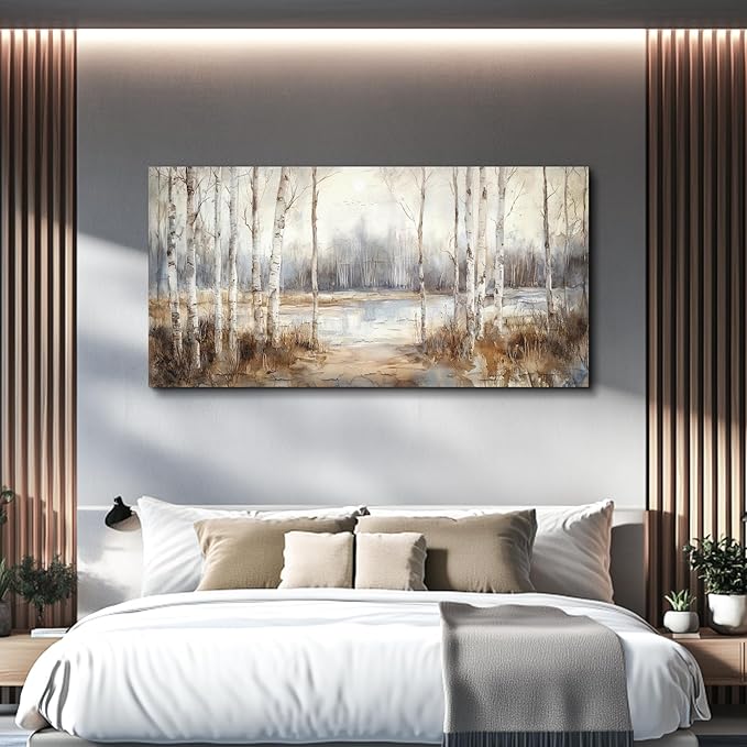 QIYILEXWART Large Wall Decor For Living Room Stretched And Framed Canvas Wall Art For Office Wall Decorations For Bedroom Birch Forest Painting By The Lake Picture Home Decor Ready To Hang
