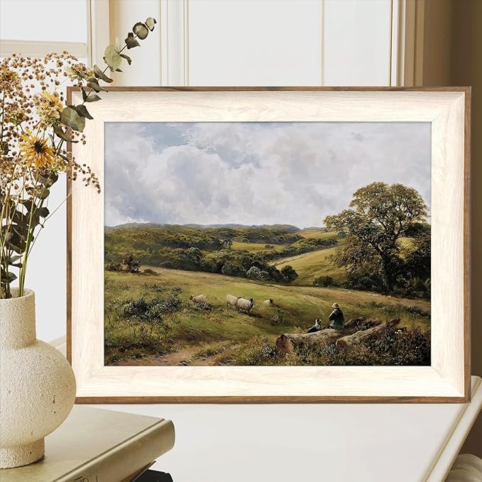 ASTRDECOR Framed Vintage Wall Decor, Vintage Green Nature Canvas Wall Art Prints Bedroom, Sheep Shepherd Landscape Oil Painting Mountain Wall Art Living Room, Rustic Farmhouse Decor for Dining Room -12''x16''