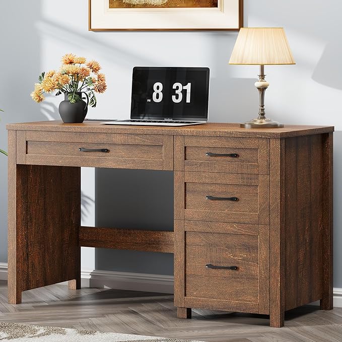 Farmhouse 47" Executive Desk, Computer Desk with File Drawer and Charging Station, Workstation for Home Office, Study.Red-Brown