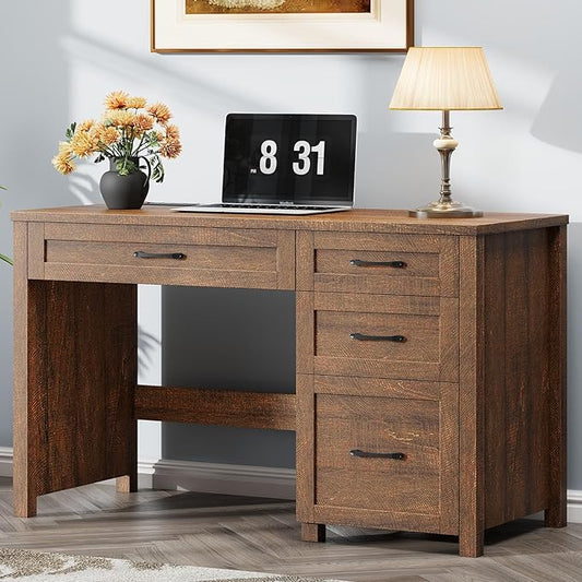 Farmhouse 47" Executive Desk, Computer Desk with File Drawer and Charging Station, Workstation for Home Office, Study.Red-Brown
