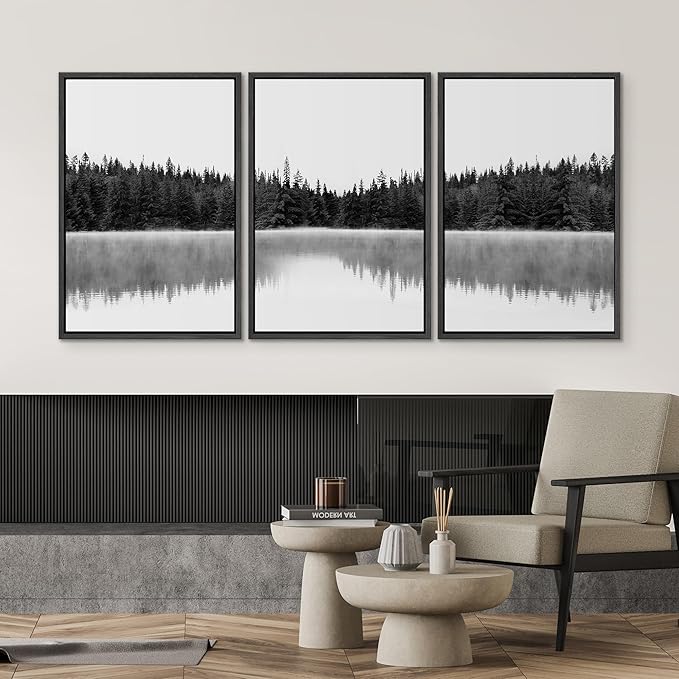 SIGNWIN 3 Piece Framed Canvas Wall Art Woodland Nursery Decor Black and White Forest with Lake Nature Abstract Traditional Home Artwork Decoration for Living Room,Bedroom - 16"x24"x3 Black
