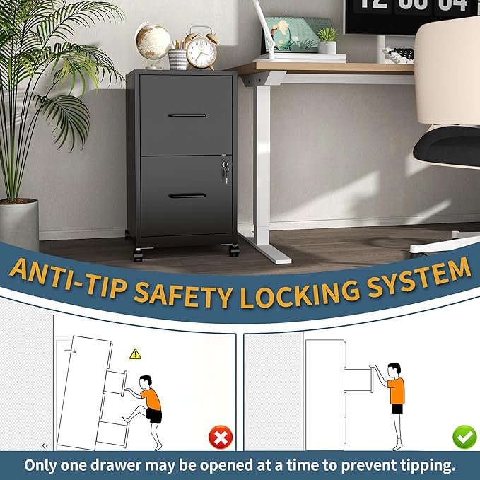 2 Drawer File Cabinet on Wheels,Mobile Filing Cabinets with Lock,Metal Storage Cabinet,Vertical Filing Cabinets for Home Office,Rolling File Cabinet for Under Desk,Amssebly Required, Black