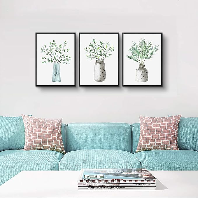 AHUASJART Large Size Wall Art For Living Room Black Framed Canvas Wall Decor For Bedroom Wall Painting For Kitchen Dining Room Modern Office Decoration Green Leaf Vase Wall Pictures Home Walls Art