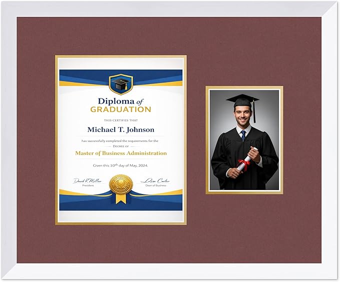 Diploma Frame With Photo Opening Bright White Dark Red Over Gold Mat - Fits 8.5 x 11 Degree and Picture Made in the USA