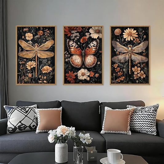Aryroi Large Vintage Butterfly and Dragonfly Wall Decor Framed Canvas Wall Art,Retro Dark Animal Floral Wall Decor, Moody Insect Wildflowers Botanical Artwork for Living Room,Bedroom,office-16 x24 x3