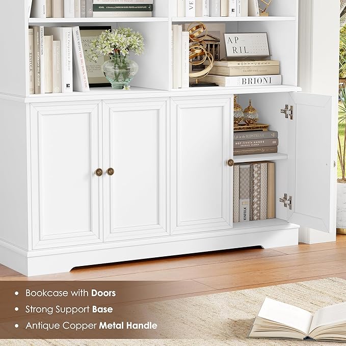 FINETONES 73" White Bookshelf with Doors, 6 Tier Tall Bookshelf Double Wide Bookcases and Bookshelves with Storage, Large Display Cabinets for Home Office,Living Room, Library