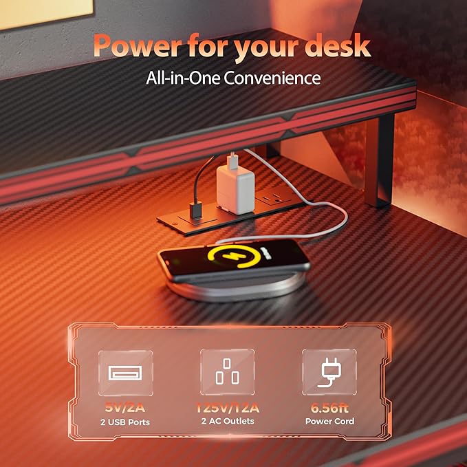 Mericonia Gaming Desk with Power Outlets & LED Lights, Reversible Computer Desk with PC Case Stand, Fabric Drawers, Modern Office Desk with Shelves, Monitor Stand