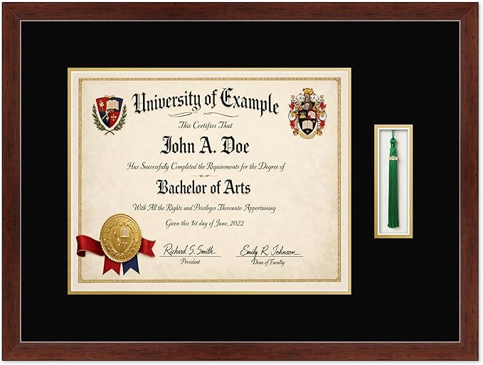 CountryArtHouse Diploma and Tassel Frame Fits 15 x 12 Military/Government with Tassel Hook Rustic Walnut Genuine Hardwood Shadowbox with Black Over Metallic Gold Double mat