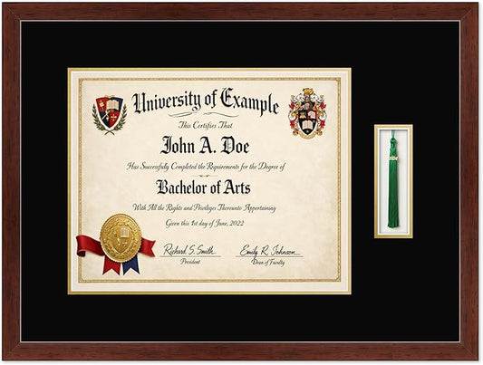 CountryArtHouse Diploma and Tassel Frame Fits 15 x 12 Military/Government with Tassel Hook Rustic Walnut Genuine Hardwood Shadowbox with Black Over Metallic Gold Double mat