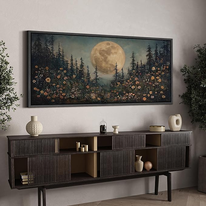 SIGNFORD Extra Large Framed Canvas Moonlit Forest with Wildflowers Mystical Illustrations Modern Art Calm Warm for Living Room, Bedroom, Office - 60"x30"