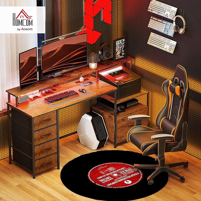 HOMCOM 67" Gaming Desk with File Cabinet and Fabric Drawers, Computer Table with Power Outlets and LED Lights, Monitor Stand and Printer Shelf, for Home Office Desk, Rustic Brown