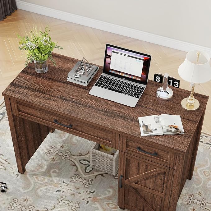 Farmhouse 47" Executive Desk, Computer Desk with Drawers and Storage Cabinet, Workstation Computer Desk for Home Office and Study.Red-Brown