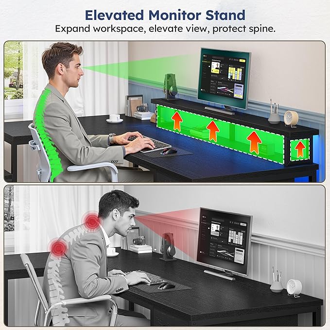 95.6'' Office Desk with LED Lights & Power Outlets, L Shaped Gaming Desk with Drawers, Two Person Computer Desks with Monitor Stand for Home Office, Study Room and Bedroom, Black