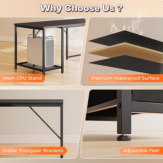 PRAISUN 66" L Shaped Gaming Desk with LED Lights & Power Outlets, Computer Desk with Fabric Drawers and Print Stand, Corner Office Desk, Monitor Stand, Mesh CPU Stand, Black