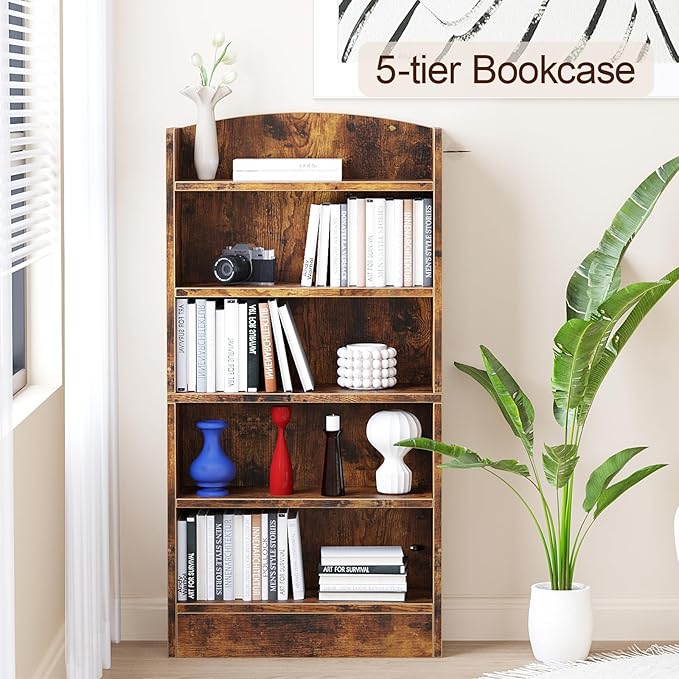 5 Tier Shelf Bookcase,47" Tall Bookshelf Display Storage Shelves,Freestanding Book Shelves for Bedroom Home Office Library Living Room,Brown